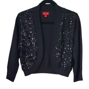 Elle Black Sequin Open Front Cropped Shrug Cardigan Sweater 3/4 Sleeve Size L